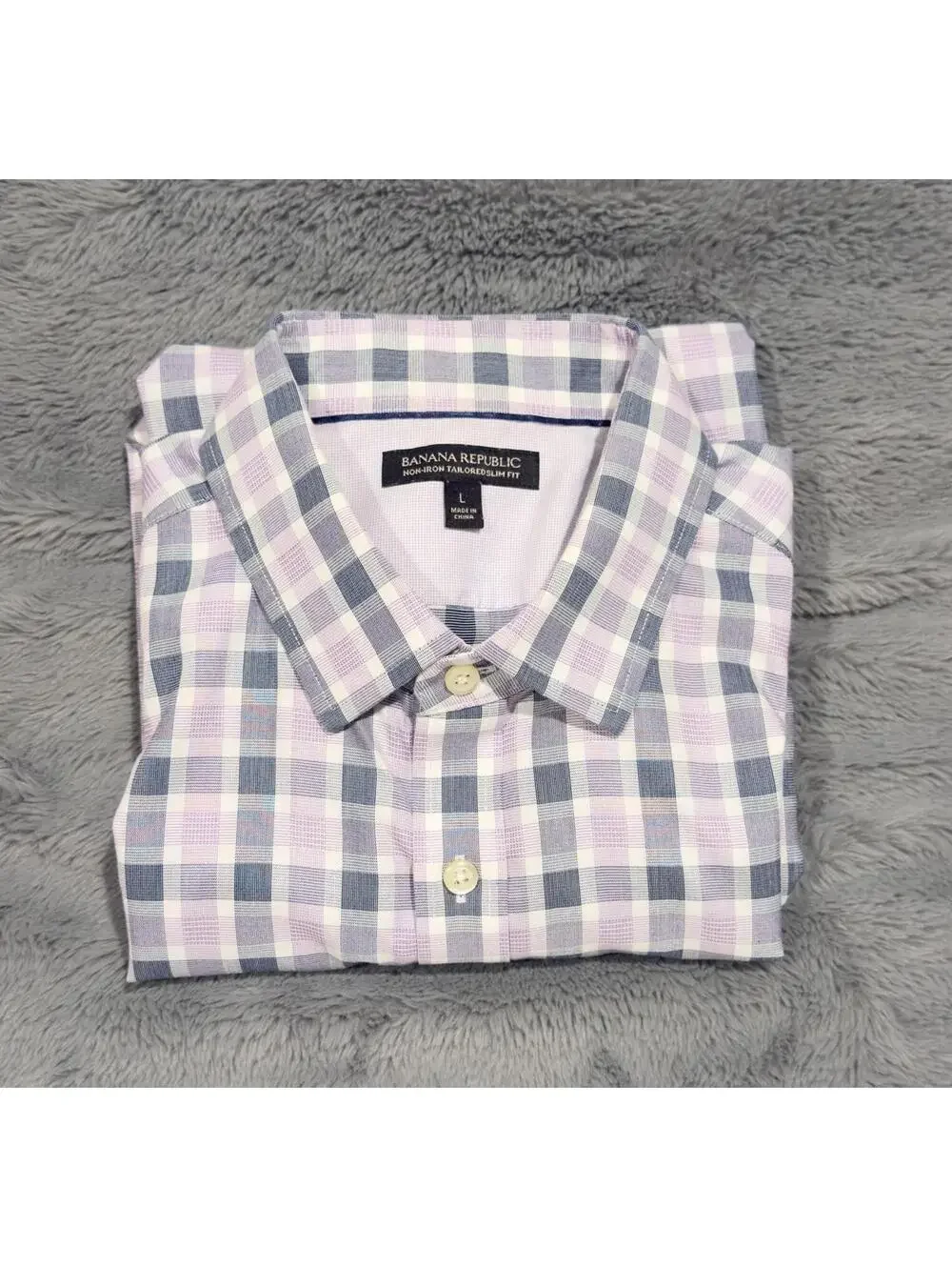 Banana Republic shirt Men L Non-Iron Tailored Slim Fit purple gray Check Pattern